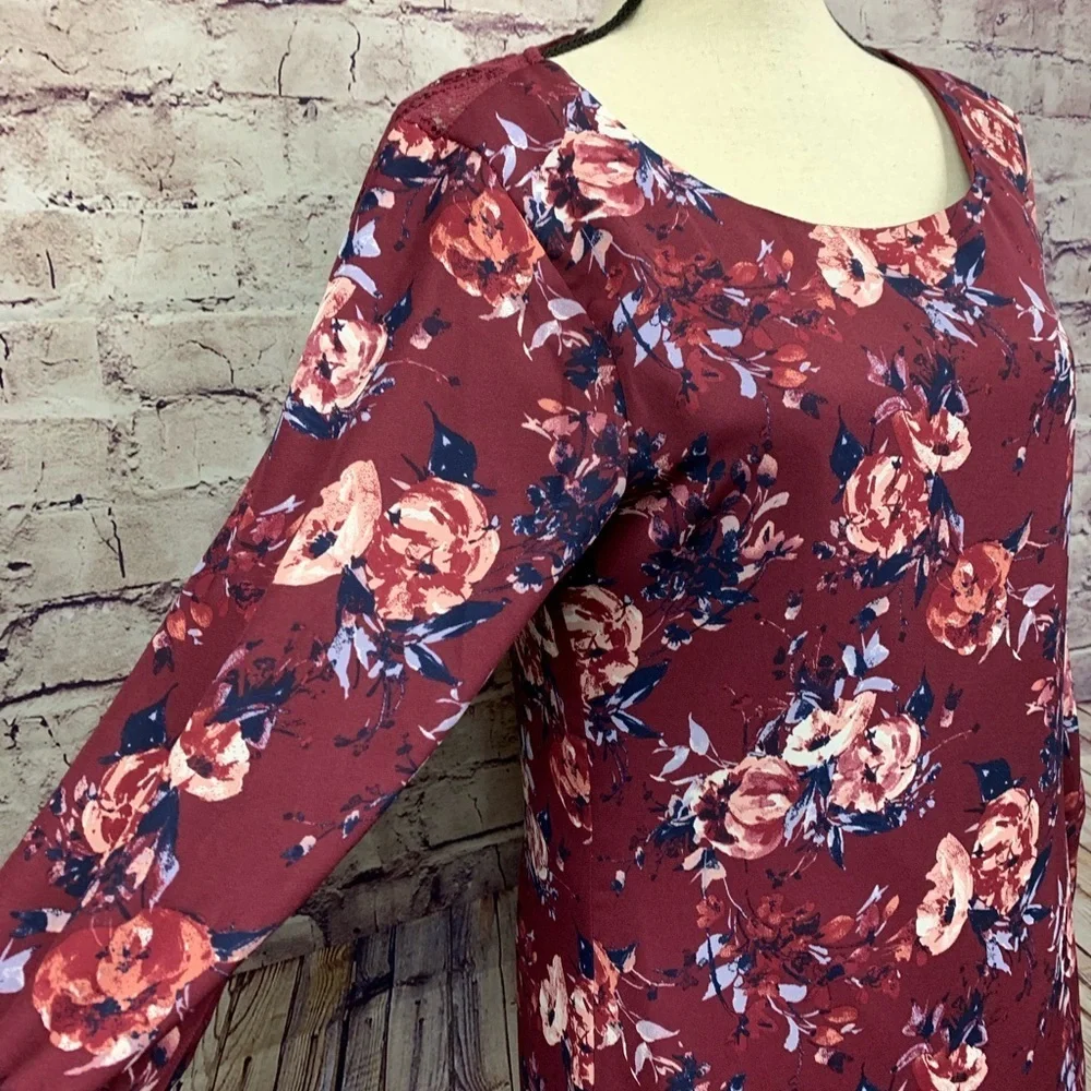Speechless Burgundy Floral Long Tie Sleeve Lined Dress